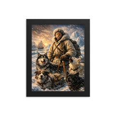 Fridtjof Nansen on Arctic ice with dogs framed print on a plain backdrop in size 8"x10".