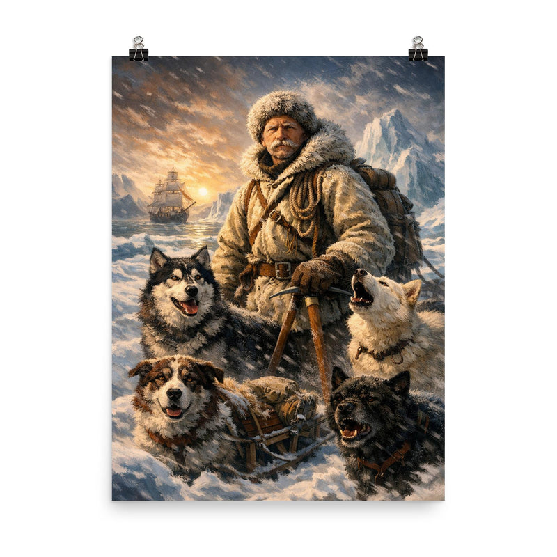 Fridtjof Nansen on Arctic ice with dogs poster on a plain backdrop in size 8