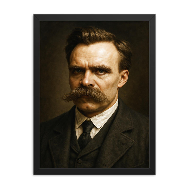 Friedrich Nietzsche portrait framed print on a plain backdrop in size 18