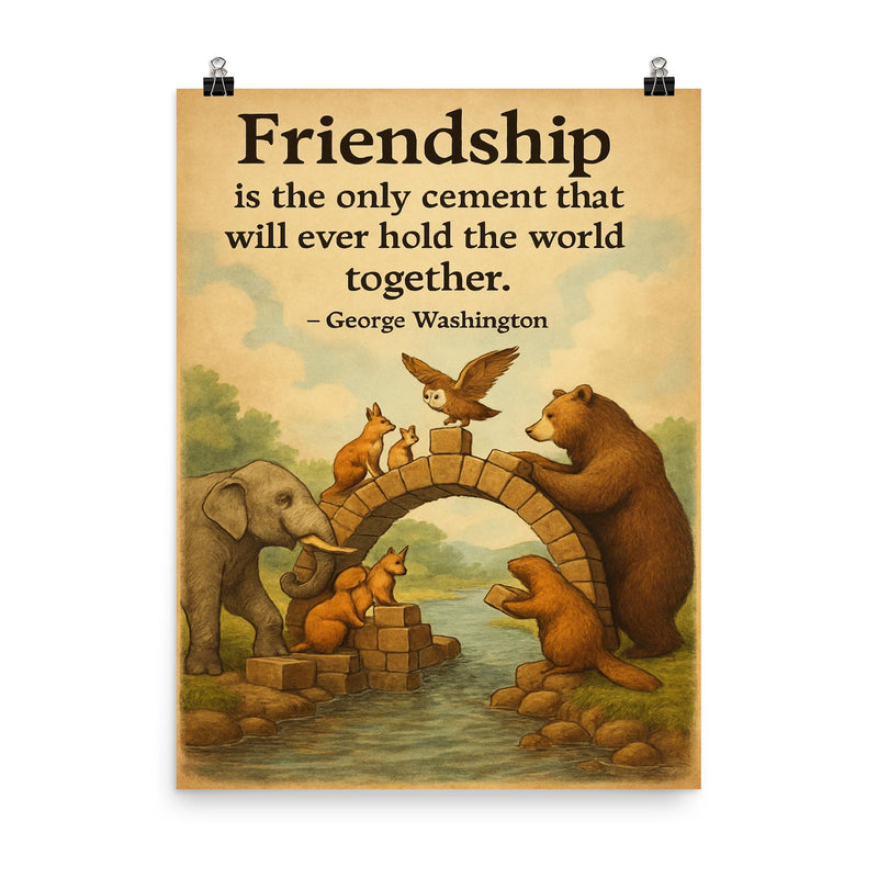 Friendship holds world together animals building bridge George Washington quote poster on a plain backdrop in size 8