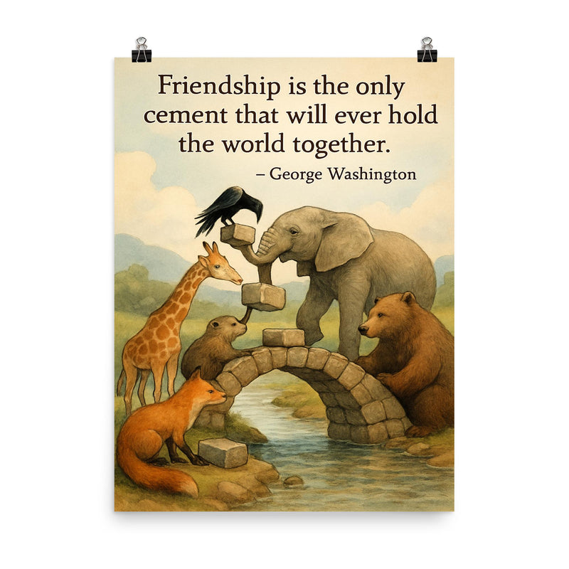 Friendship holds world together George Washington animals building bridge poster on a plain backdrop in size 8