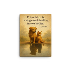 Friendship single soul two bodies Aristotle two animals sharing reflection inspiring quote canvas print on a plain backdrop in size 12"x16".