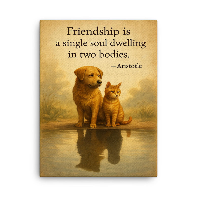 Friendship single soul two bodies Aristotle two animals sharing reflection inspiring quote canvas print on a plain backdrop in size 18