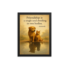 Friendship single soul two bodies Aristotle two animals sharing reflection inspiring quote framed print on a plain backdrop in size 12"x16".