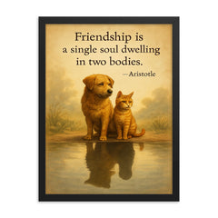 Friendship single soul two bodies Aristotle two animals sharing reflection inspiring quote framed print on a plain backdrop in size 18"x24".