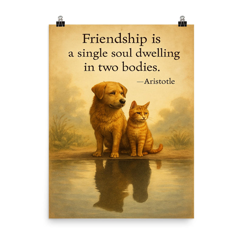 Friendship single soul two bodies Aristotle two animals sharing reflection inspiring quote poster on a plain backdrop in size 8