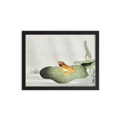 Frog on a lotus leaf Japanese painting framed print on a plain backdrop in size 12"x16".