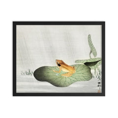Frog on a lotus leaf Japanese painting framed print on a plain backdrop in size 16"x20".