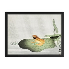 Frog on a lotus leaf Japanese painting framed print on a plain backdrop in size 18"x24".