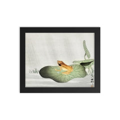 Frog on a lotus leaf Japanese painting framed print on a plain backdrop in size 8"x10".