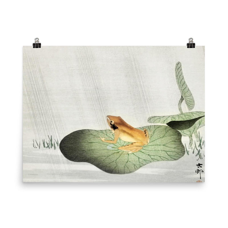 Frog on a lotus leaf Japanese painting poster on a plain backdrop in size 8
