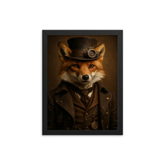 Fully photorealistic of a fox with steampunk style clothes framed print on a plain backdrop in size 12"x16".