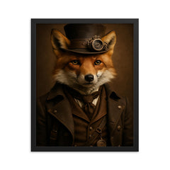 Fully photorealistic of a fox with steampunk style clothes framed print on a plain backdrop in size 16"x20".