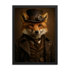 Fully photorealistic of a fox with steampunk style clothes framed print on a plain backdrop in size 18"x24".