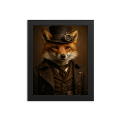 Fully photorealistic of a fox with steampunk style clothes framed print on a plain backdrop in size 8"x10".