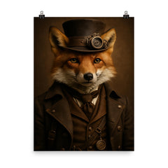 Fully photorealistic of a fox with steampunk style clothes poster on a plain backdrop in size 8"x10".