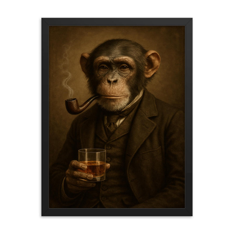 Fully photorealistic vintage portrait of monkey in Victorian suit with pipe and holding whisky glass framed print on a plain backdrop in size 18