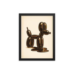 Funny balloon dog going to the bathroom art framed print on a plain backdrop in size 12"x16".