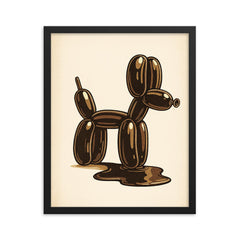 Funny balloon dog going to the bathroom art framed print on a plain backdrop in size 16"x20".