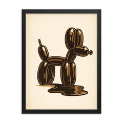 Funny balloon dog going to the bathroom art framed print on a plain backdrop in size 18"x24".