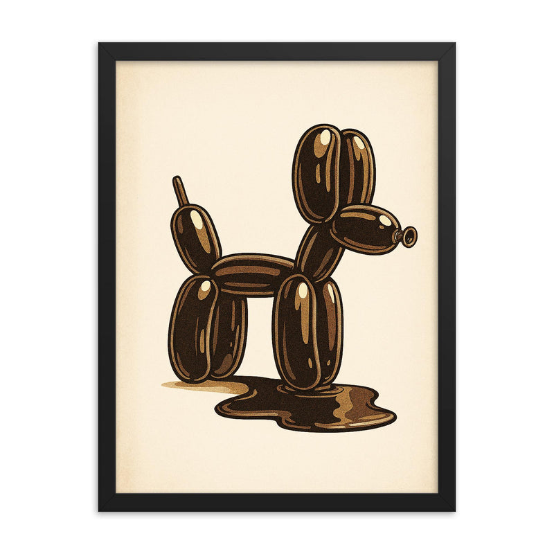 Funny balloon dog going to the bathroom art framed print on a plain backdrop in size 18