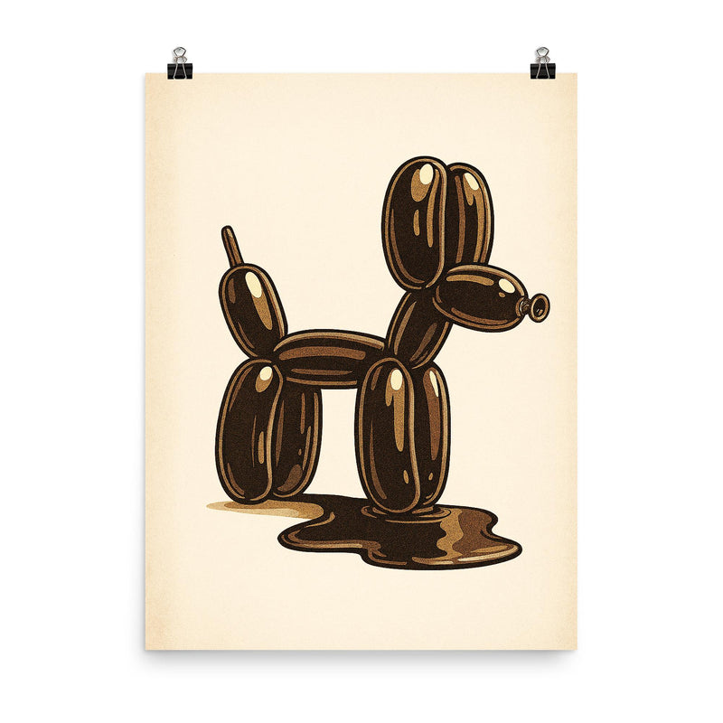 Funny balloon dog going to the bathroom art poster on a plain backdrop in size 8