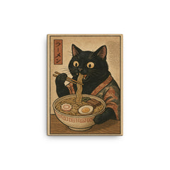 Funny black cat eating ramen noodles in a vintage Japanese woodblock print canvas print on a plain backdrop in size 12"x16".