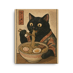 Funny black cat eating ramen noodles in a vintage Japanese woodblock print canvas print on a plain backdrop in size 16"x20".