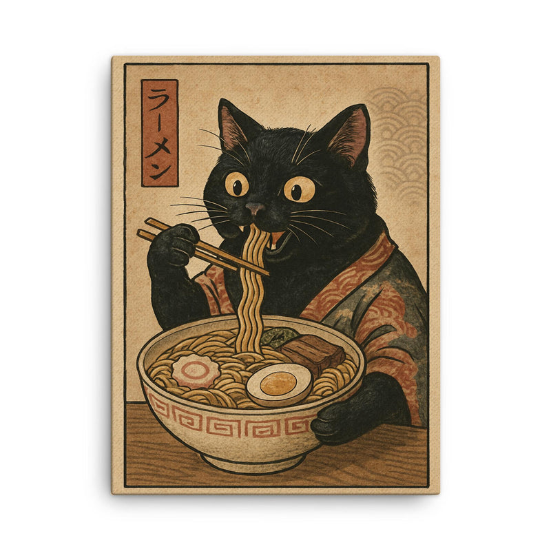 Funny black cat eating ramen noodles in a vintage Japanese woodblock print canvas print on a plain backdrop in size 18
