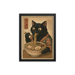 Funny black cat eating ramen noodles in a vintage Japanese woodblock print framed print on a plain backdrop in size 12"x16".