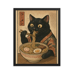 Funny black cat eating ramen noodles in a vintage Japanese woodblock print framed print on a plain backdrop in size 16"x20".