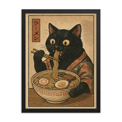 Funny black cat eating ramen noodles in a vintage Japanese woodblock print framed print on a plain backdrop in size 18"x24".