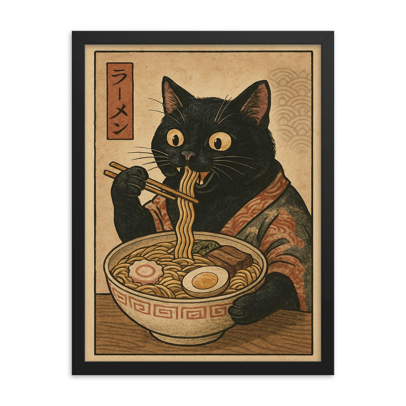 Funny black cat eating ramen noodles in a vintage Japanese woodblock print framed print on a plain backdrop in size 18