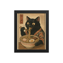 Funny black cat eating ramen noodles in a vintage Japanese woodblock print framed print on a plain backdrop in size 8"x10".