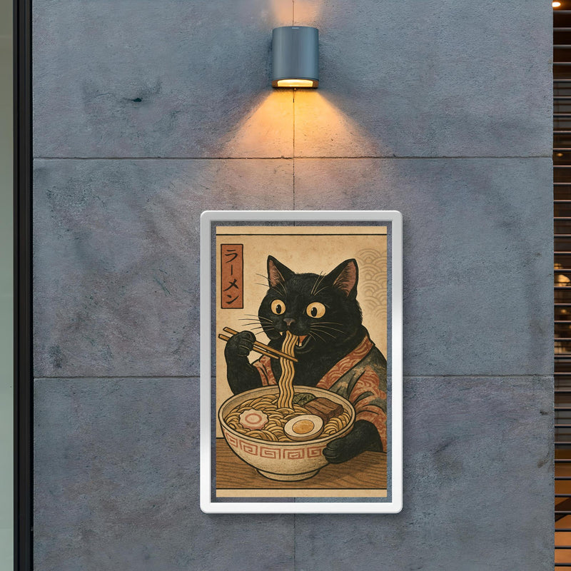 Funny black cat eating ramen noodles in a vintage Japanese woodblock print poster 2