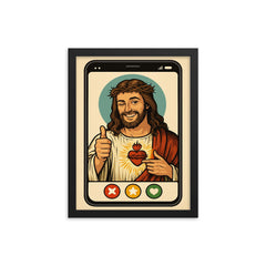 Funny dating app profile of Jesus framed print on a plain backdrop in size 12"x16".
