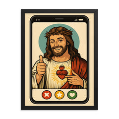 Funny dating app profile of Jesus framed print on a plain backdrop in size 18"x24".