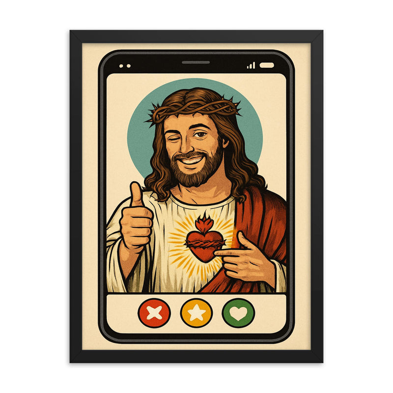 Funny dating app profile of Jesus framed print on a plain backdrop in size 18