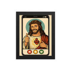 Funny dating app profile of Jesus framed print on a plain backdrop in size 8"x10".