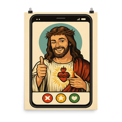 Funny dating app profile of Jesus poster on a plain backdrop in size 8"x10".