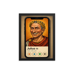 Funny dating app profile of Julius Caesar framed print on a plain backdrop in size 12"x16".
