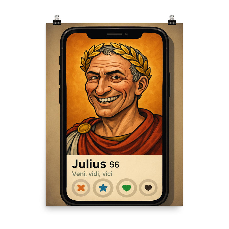 Funny dating app profile of Julius Caesar poster on a plain backdrop in size 8