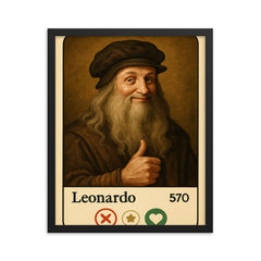 Funny dating app profile of Leonardo da Vinci framed print on a plain backdrop in size 16"x20".