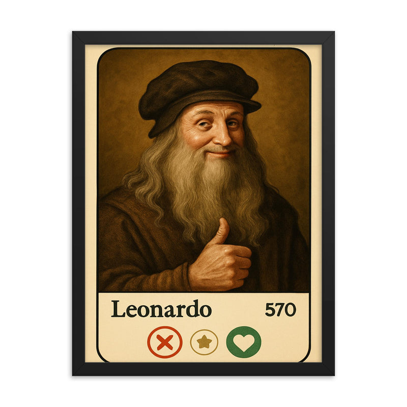 Funny dating app profile of Leonardo da Vinci framed print on a plain backdrop in size 18