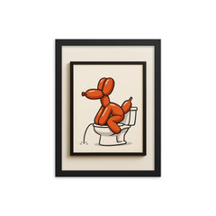 Funny minimalistic bathroom decor wall art of a balloon dog going to the bathroom_2 framed print on a plain backdrop in size 12"x16".