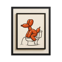 Funny minimalistic bathroom decor wall art of a balloon dog going to the bathroom_2 framed print on a plain backdrop in size 16"x20".