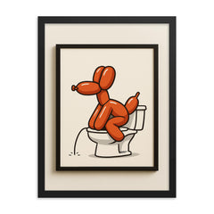 Funny minimalistic bathroom decor wall art of a balloon dog going to the bathroom_2 framed print on a plain backdrop in size 18"x24".