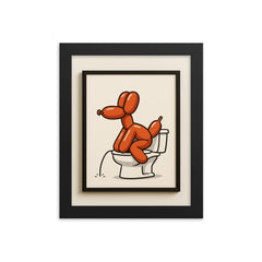 Funny minimalistic bathroom decor wall art of a balloon dog going to the bathroom_2 framed print on a plain backdrop in size 8"x10".