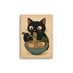 Funny minimalistic Japanese woodblock style print of a black cat eating ramen noodles canvas print on a plain backdrop in size 12"x16".