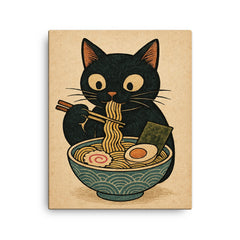 Funny minimalistic Japanese woodblock style print of a black cat eating ramen noodles canvas print on a plain backdrop in size 16"x20".